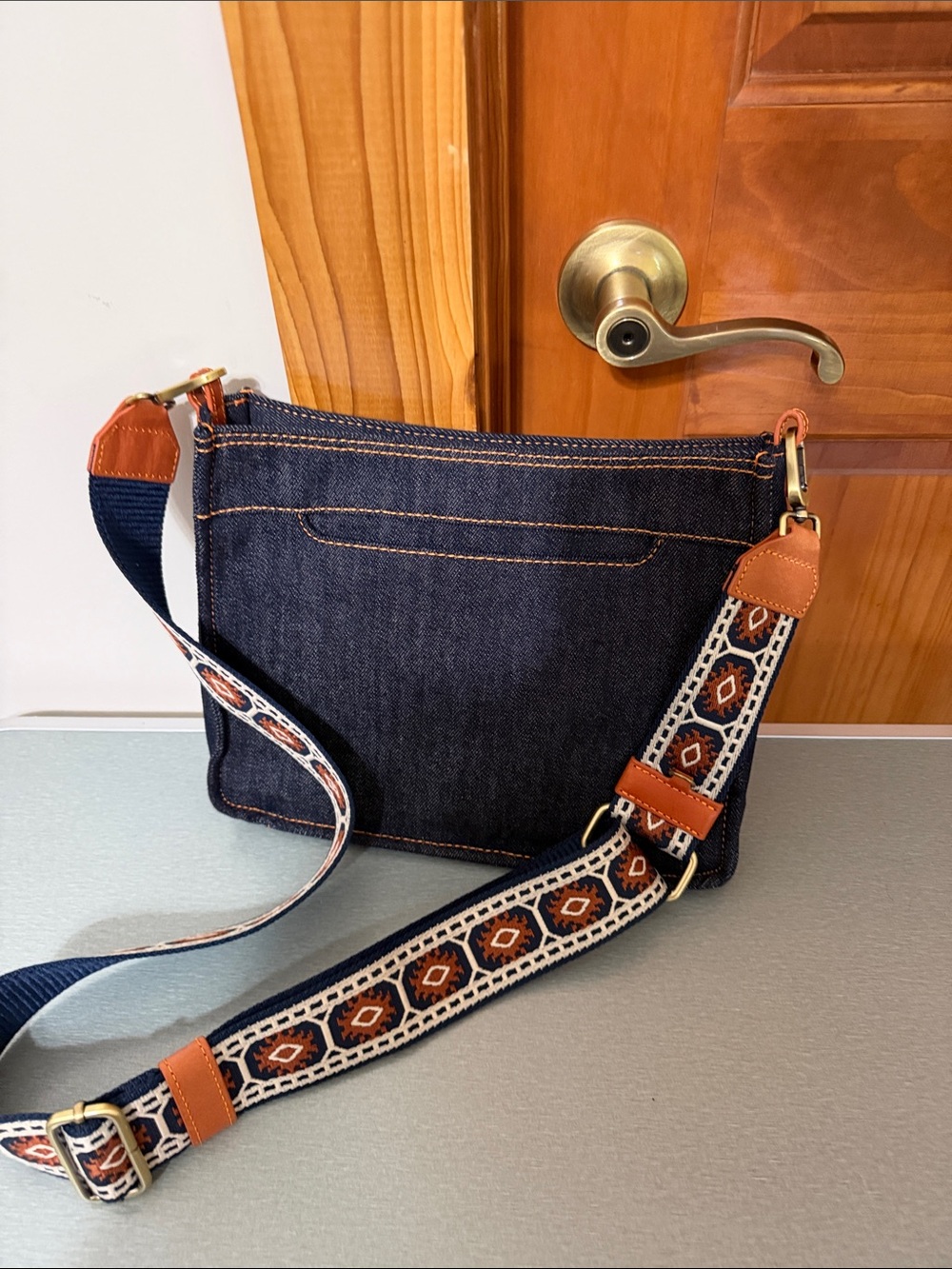 Hobo Denim Crossbody Bag with Patterned Strap - Navy